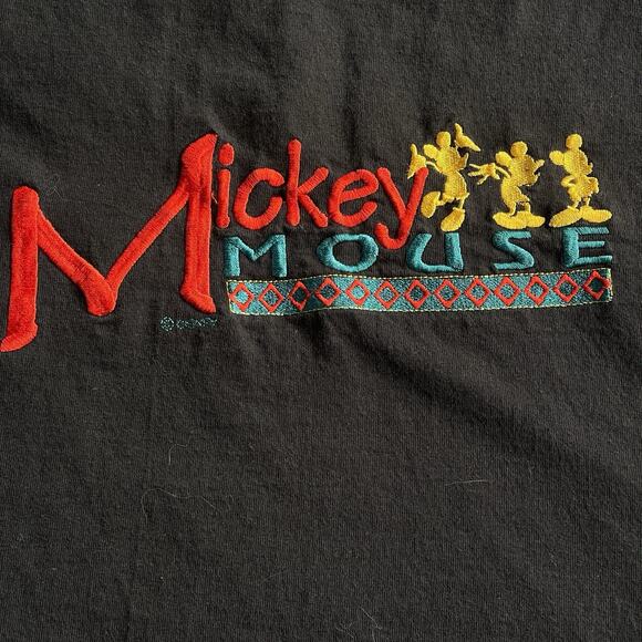 Vintage Velva Sheen Mickey Mouse TShirt Medium Black Embroidered Cotton 90s - Picture 3 of 9